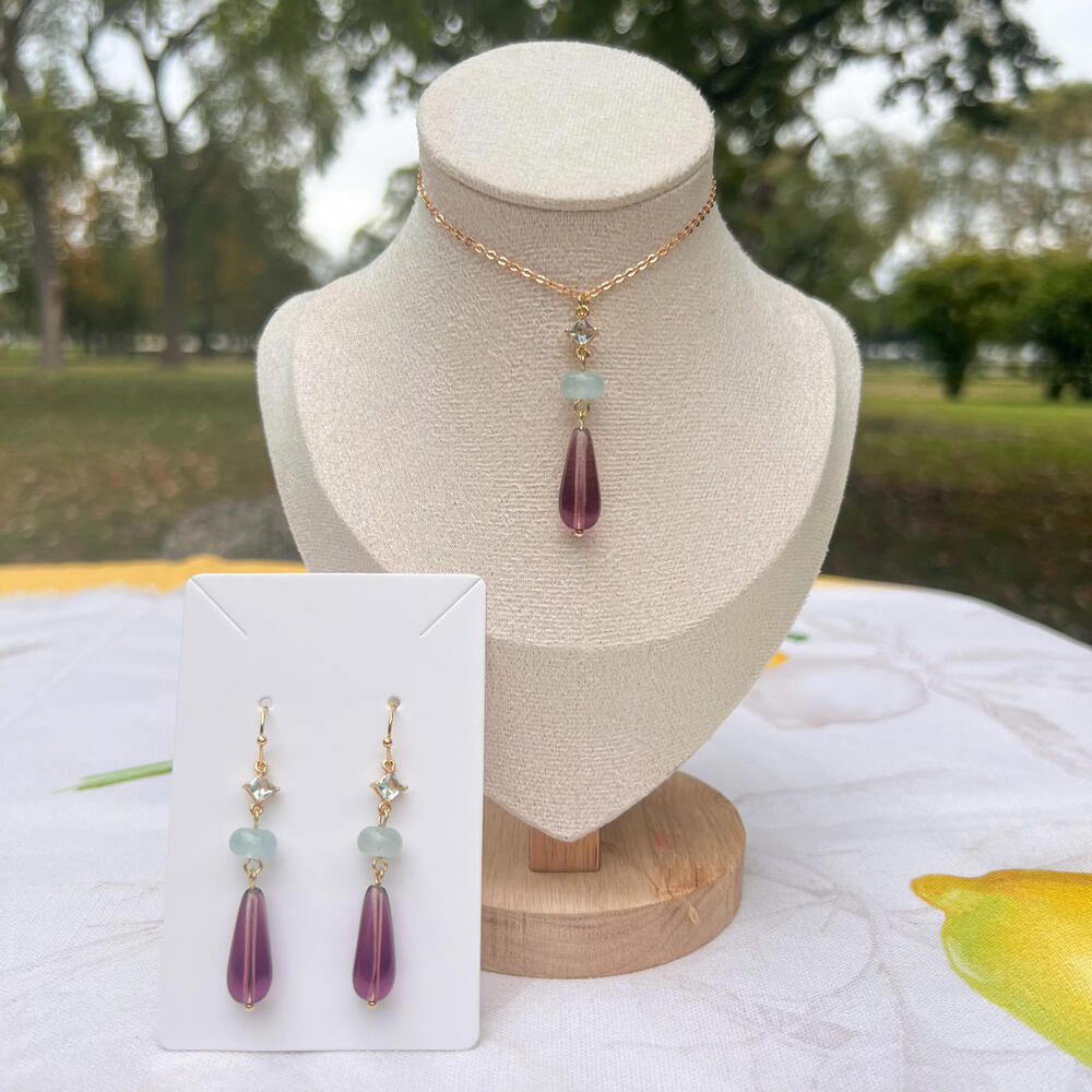 Aquamarine Winter Ice Plum Amethyst Czech Crystal Glass Zirconia Casual Necklace - Picture 7 of 7